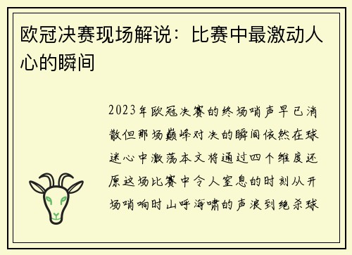 欧冠决赛现场解说：比赛中最激动人心的瞬间