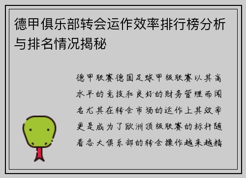 德甲俱乐部转会运作效率排行榜分析与排名情况揭秘