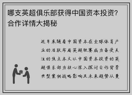 哪支英超俱乐部获得中国资本投资？合作详情大揭秘