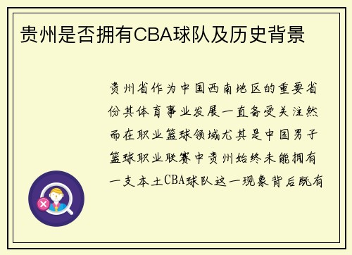 贵州是否拥有CBA球队及历史背景