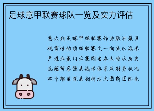 足球意甲联赛球队一览及实力评估